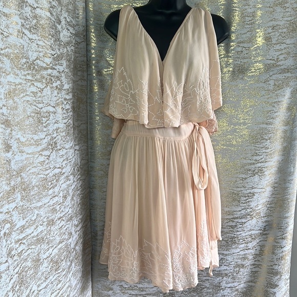 Free People Peach Sylvia Embroidered Beaded Wrap Mini Evening Dress - Picture 6 of 17